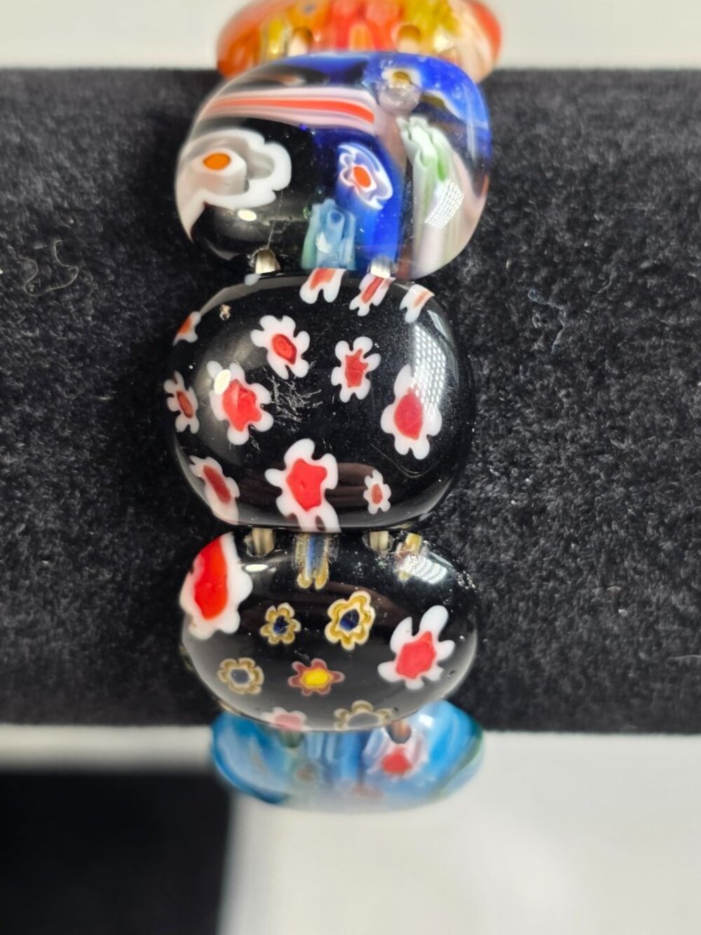 Vibrant Artisan Stretch Bracelet Multi-Color Millefiori & Mosaic Art-Glass Beads - Picture 2 of 10